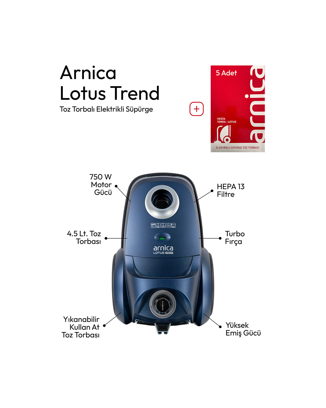 arnica-et14000-lotus-trend-toz-torbali-elektrikli-supurge-toz-torbasi-hediyeli